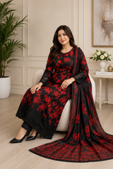 Noir Crimson Floral Anarkali 3-Piece Suit with Lace Detail & Printed Dupatta