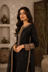 Black Embroidered Lawn Suit with Chiffon Dupatta & Embroidered Palazzo