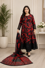 Noir Crimson Floral Anarkali 3-Piece Suit with Lace Detail & Printed Dupatta