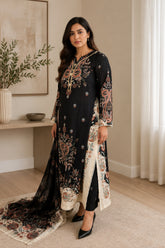 Black Embroidered 3-Piece Kaftan Dress with Dupatta
