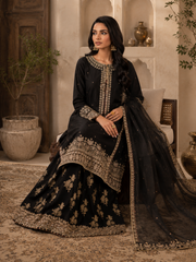 Black Embroidered Lawn Suit with Chiffon Dupatta & Embroidered Palazzo