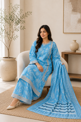Sky Blue Botanical Print 3-Piece Suit with Dupatta