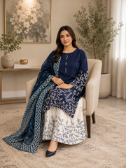 Elegant Navy Blue Embroidered 3-Piece Lawn Suit with Printed Dupatta