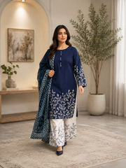 Elegant Navy Blue Embroidered 3-Piece Lawn Suit with Printed Dupatta