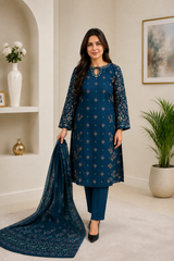 Elegant Navy Blue Embroidered Salwar Kameez with Printed Dupatta | 3-Piece Women's Suit