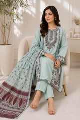Elegant Mint Green 3-Piece Lawn Suit with Maroon Embroidery & Dupatta
