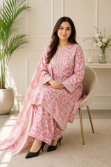 Blush Pink Floral Printed 3-Piece Suit with Dupatta