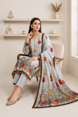 Elegant Grey Floral Printed 3-Piece Lawn Suit with Dupatta