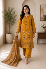 Mustard Gold Embroidered Pakistani 3-Piece Suit with Floral Dupatta