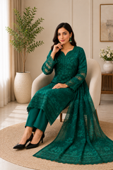 Emerald Green Embroidered Pakistani 3-Piece Suit with Matching Dupatta