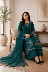 Emerald Teal Embroidered 3-Piece Suit with Organza Dupatta