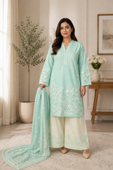 Mint Green Embroidered Lawn Suit with Dupatta & Embroidered Palazzo