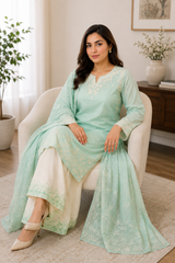Mint Green Embroidered Pakistani Lawn Suit with Chiffon Dupatta & Embroidered Palazzo – 3 Piece Women's Ethnic Outfit