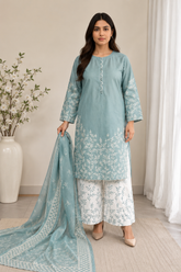 Elegant Dusty Teal Embroidered 3-Piece Lawn Suit Chiffon Dupatta