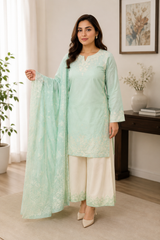Mint Green Embroidered Pakistani Lawn Suit with Chiffon Dupatta & Embroidered Palazzo – 3 Piece Women's Ethnic Outfit