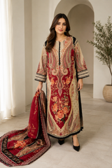 Elegant Maroon & Beige Floral Printed 3-Piece Kaftan Dress with Dupatta