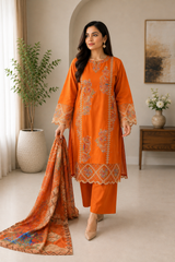 Vibrant Orange Embroidered Pakistani 3-Piece Suit with Printed Dupatta