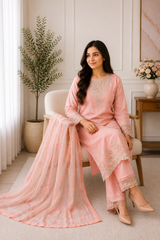 Mehr Blush Pink Embroidered 3-Piece Suit with Printed Dupatta