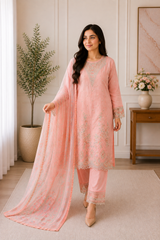 Mehr Blush Pink Embroidered 3-Piece Suit with Printed Dupatta