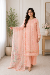 Ayla Blush Pink Floral Embroidered 3-Piece Suit with Organza Dupatta