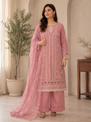 Luxury Dusty Rose Embroidered Salwar Kameez with Net Dupatta | 3 Piece Formal Suit