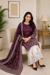 Plum Embroidered Pakistani Lawn Suit with Printed Dupatta & Embroidered Trouser | 3-Piece Women's Ethnic Wear
