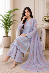 Lavender Embroidered Pakistani 3-Piece Suit with Floral Dupatta & Embroidered Palazzo