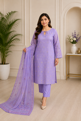 Lavender Bloom Embroidered 3-Piece Suit with Floral Dupatta
