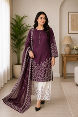 Plum Embroidered Pakistani Lawn Suit with Printed Dupatta & Embroidered Trouser | 3-Piece Women's Ethnic Wear
