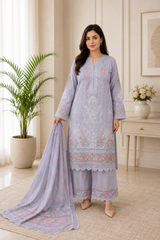 Lavender Embroidered Pakistani 3-Piece Suit with Floral Dupatta & Embroidered Palazzo