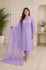 Lavender Bloom Embroidered 3-Piece Suit with Floral Dupatta