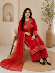 Ruby Red Embroidered Salwar Kameez with Net Dupatta | 3-Piece Luxury Suit