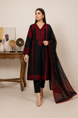 Elegant Black & Crimson Red 3-Piece Lawn Suit with Dupatta