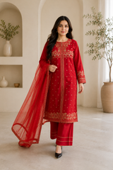Ruby Red Embroidered Salwar Kameez with Net Dupatta | 3-Piece Luxury Suit