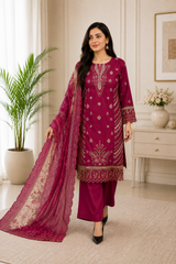 Luxury Magenta Embroidered 3-Piece Suit with Organza Dupatta