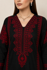 Elegant Black & Crimson Red 3-Piece Lawn Suit with Dupatta