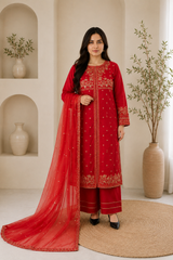 Ruby Red Embroidered Salwar Kameez with Net Dupatta | 3-Piece Luxury Suit