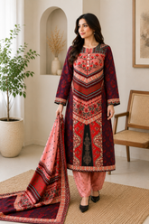 Pakistani Printed Firaq Style 3 Piece Lawn Suit with Dupatta | Maroon & Pink Women's Ethnic Dress