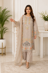 Elegant Grey Embroidered Lawn Suit with Chiffon Dupatta – 3 Piece Ready to Wear