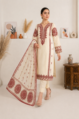 Elegant Ivory & Maroon 3-Piece Lawn Suit with Dupatta