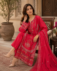 Luxury Red Embroidered Salwar Kameez with Chiffon Dupatta – 3 Piece Formal Suit
