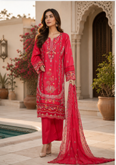 Luxury Red Embroidered Salwar Kameez with Chiffon Dupatta – 3 Piece Formal Suit