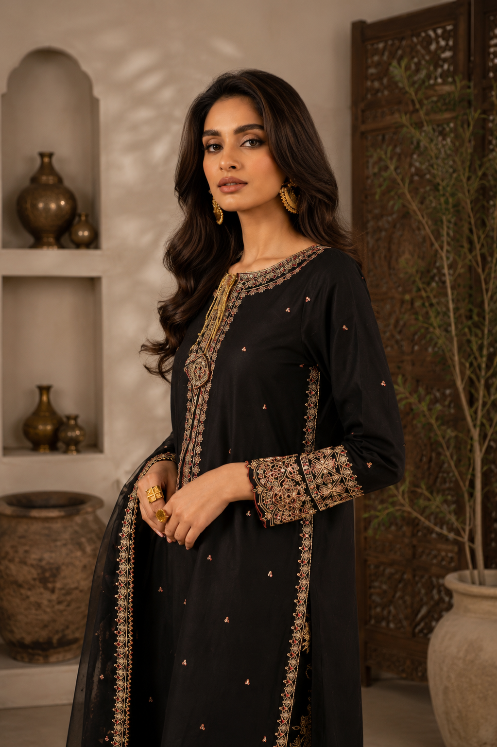 Black Embroidered Lawn Suit with Chiffon Dupatta & Embroidered Palazzo