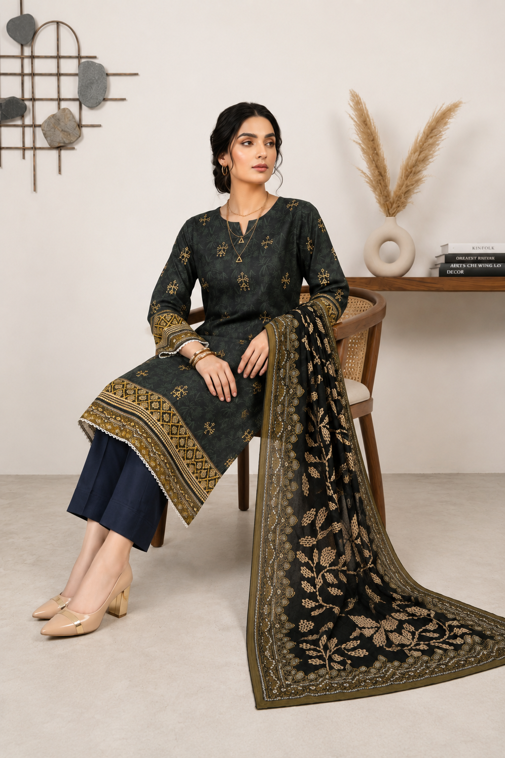 Elegant Black & Olive Green 3-Piece Lawn Suit with Printed Dupatta
