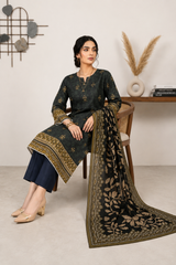 Elegant Black & Olive Green 3-Piece Lawn Suit with Printed Dupatta