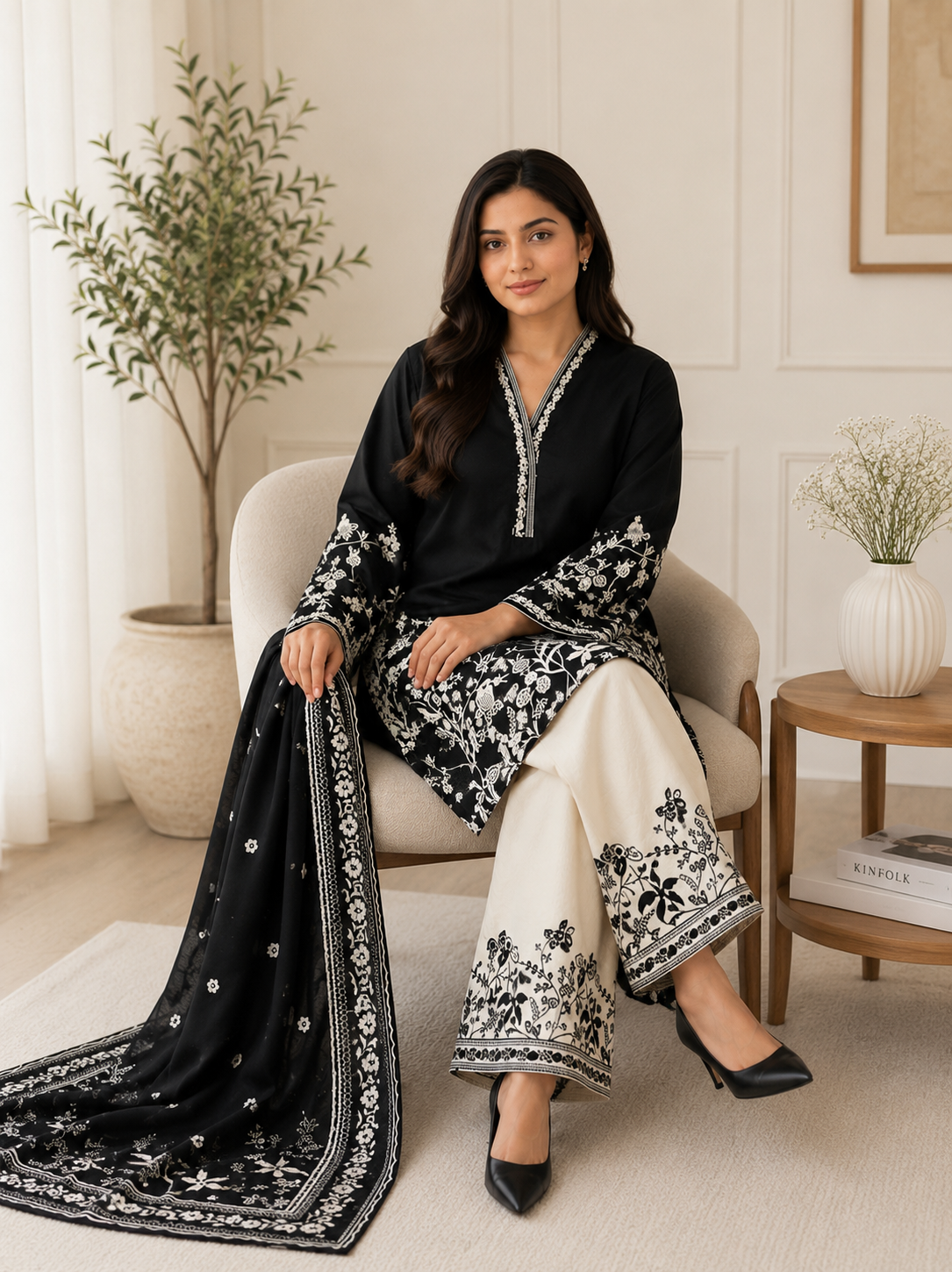 Elegant Black & Ivory Embroidered 3-Piece Pakistani Suit with Dupatta