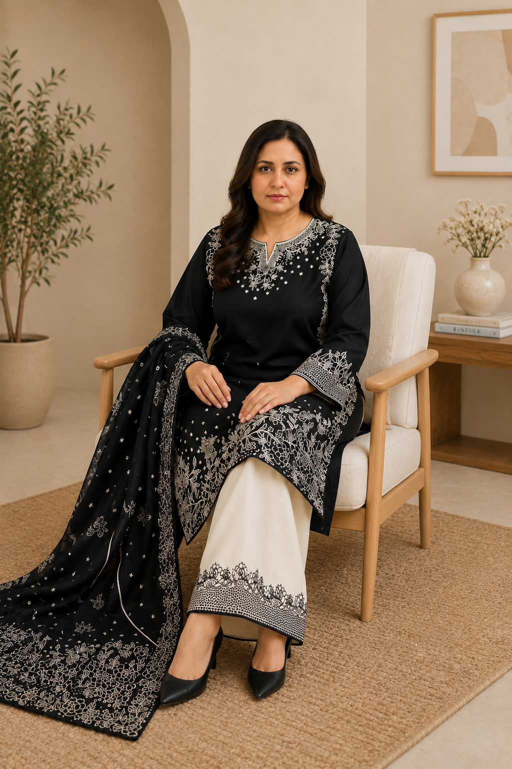 Black Embroidered 3-Piece Suit for Women | Designer Lawn Kameez with Embroidered Trouser & Dupatta