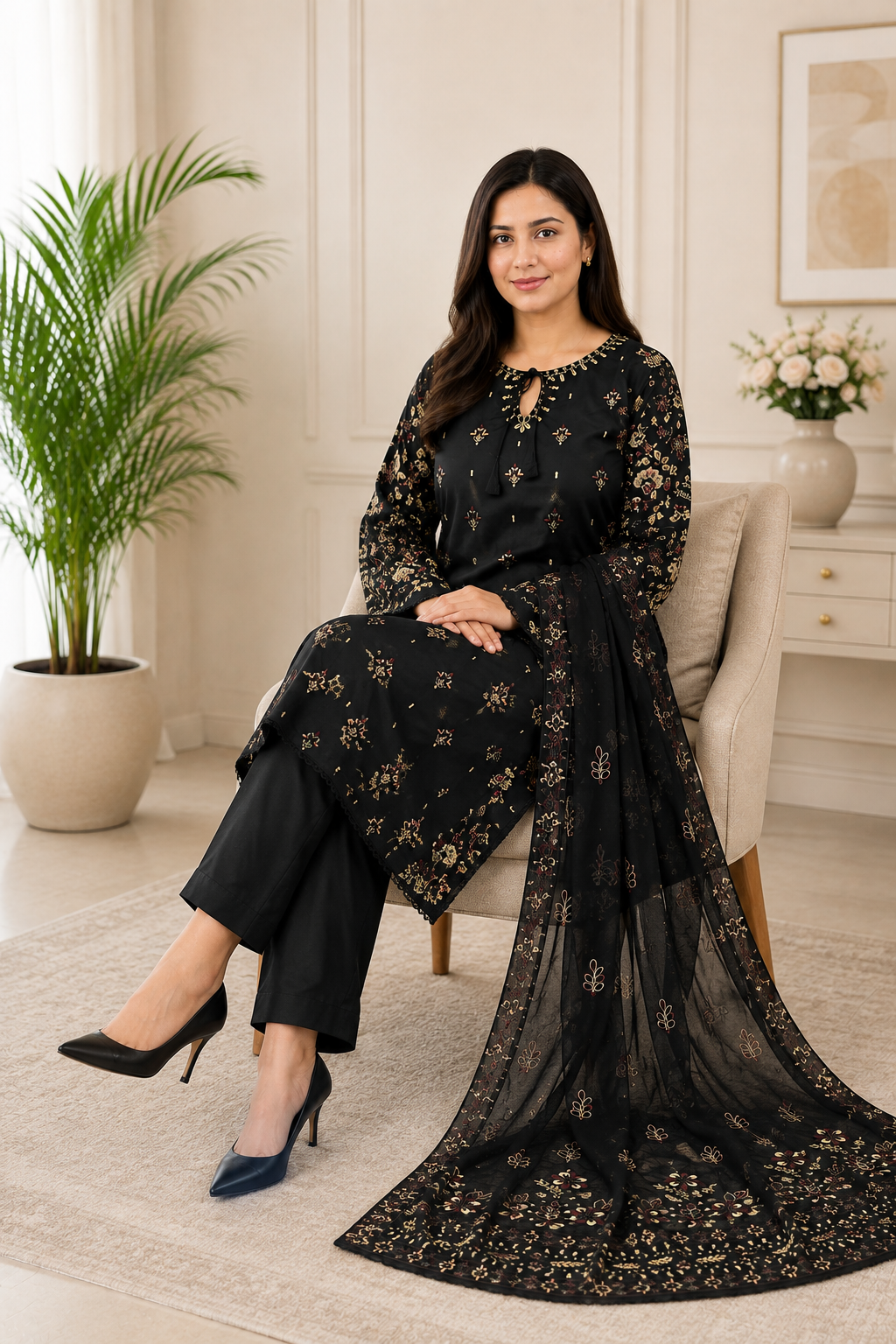 Elegant Black Embroidered 3-Piece Suit with Chiffon Dupatta