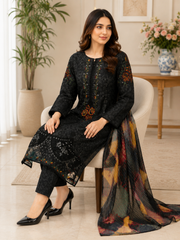 Elegant Black Embroidered 3-Piece Lawn Suit with Printed Dupatta