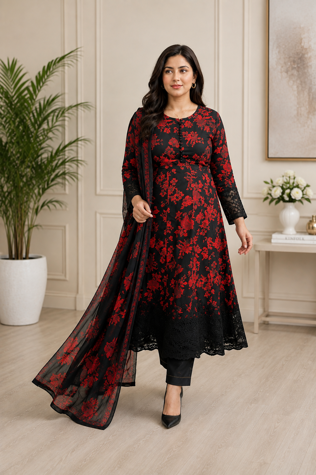 Noir Crimson Floral Anarkali 3-Piece Suit with Lace Detail & Printed Dupatta